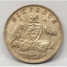 AUSTRALIA 1954 . SIXPENCE . ERROR SPLIT . MAJOR PLANCHET FLAW